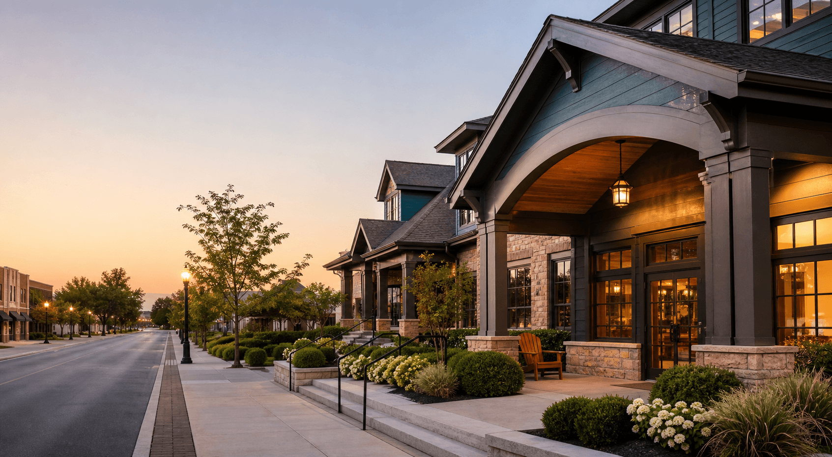 A welcoming community club lodge exterior at dusk